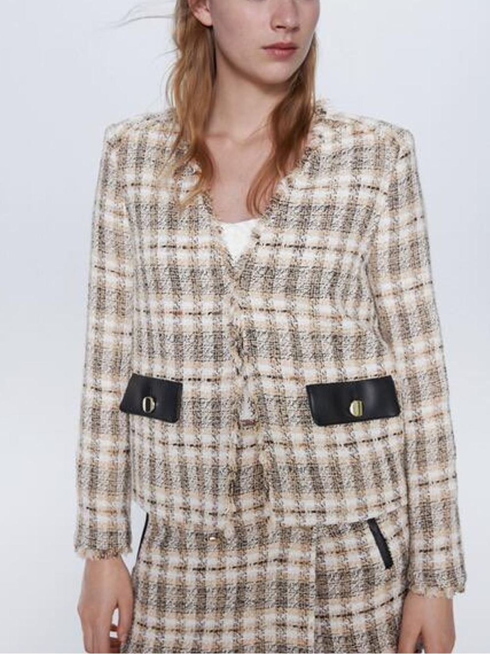 Zara Cream and Beige Plaid Tweed Blazer with Black Trim